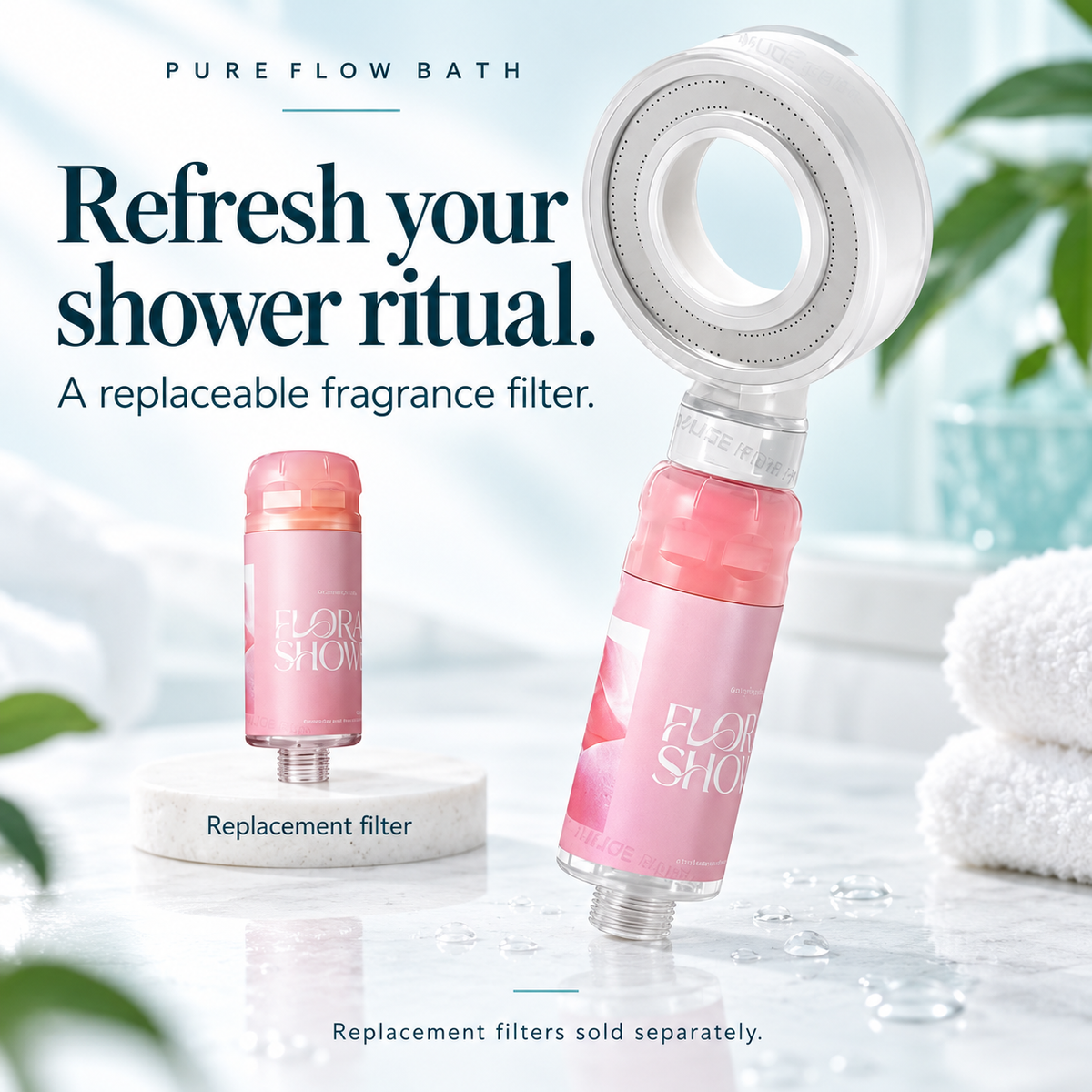 Replacement fragrance filter alongside compatible showerhead for reference; showerhead not included