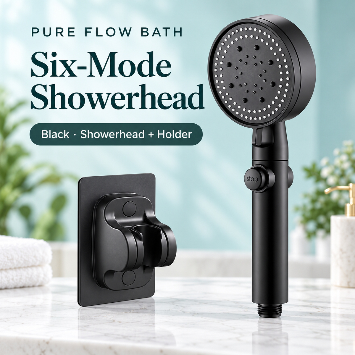 Pure Flow Bath Six-Mode Showerhead — Black — Showerhead + Holder