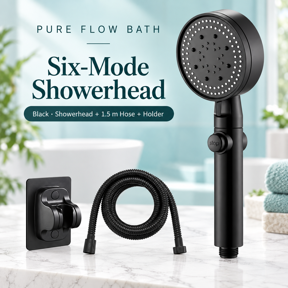 Pure Flow Bath Six-Mode Showerhead — Black — Showerhead + 1.5 m Hose + Holder