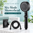 Pure Flow Bath Six-Mode Showerhead — Black — Showerhead + 2 m Hose + Holder