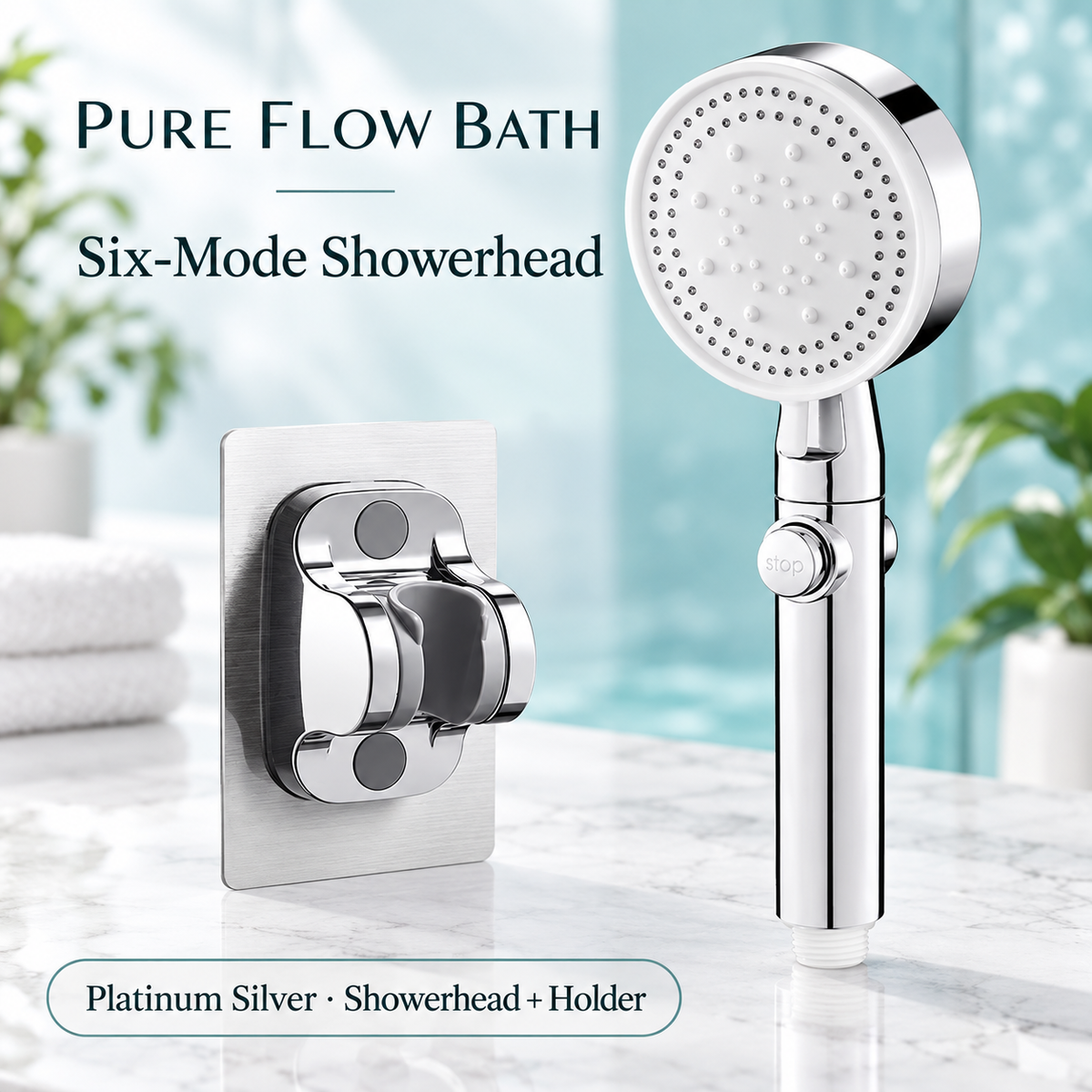 Pure Flow Bath Six-Mode Showerhead — Platinum Silver — Showerhead + Holder