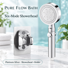 Pure Flow Bath Six-Mode Showerhead — Platinum Silver — Showerhead + Holder