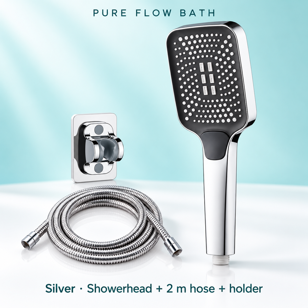 Pure Flow Bath Silver · Showerhead + 2 m hose + holder