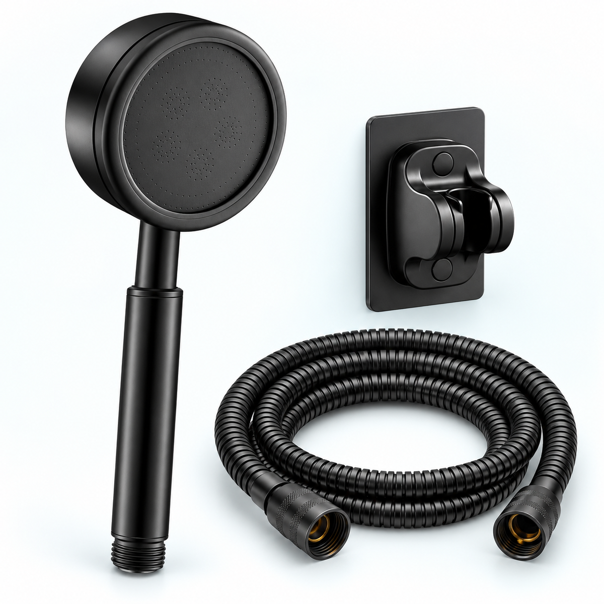Stainless steel handheld shower head in Matte Black, Head + Hose + Holder