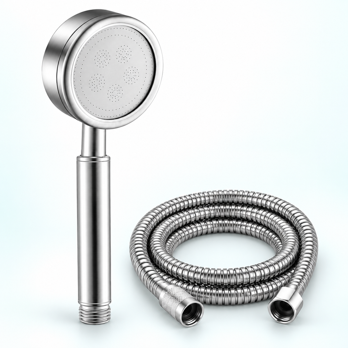 Stainless steel handheld shower head in Brushed Silver, Head + Hose