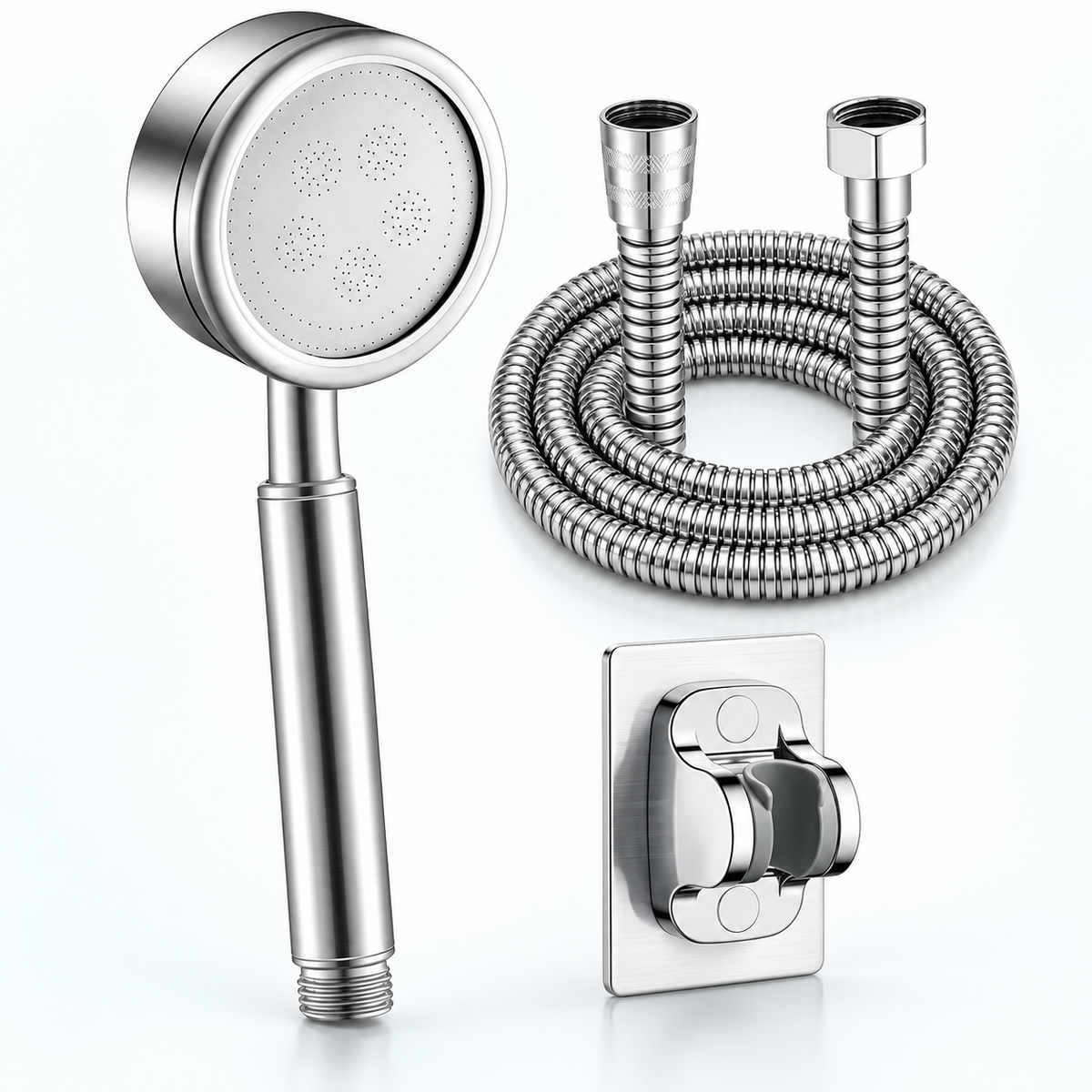 Stainless steel handheld shower head in Brushed Silver, Head + Hose + Holder