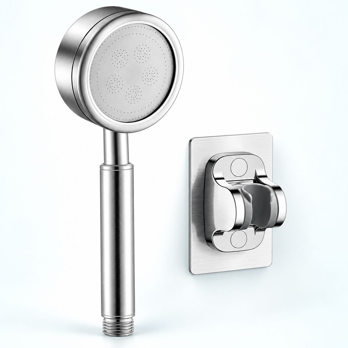 Stainless steel handheld shower head in Brushed Silver, Head + Holder