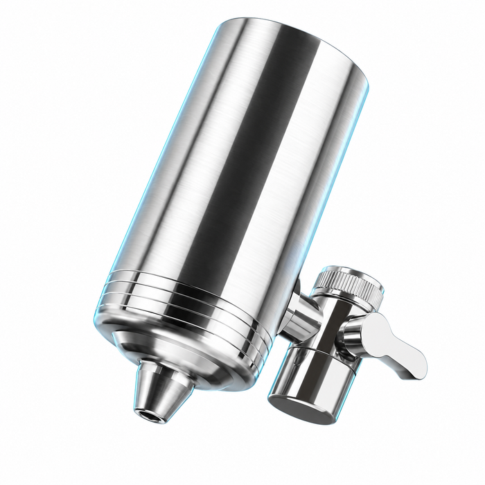 Stainless steel faucet water filter with selector lever