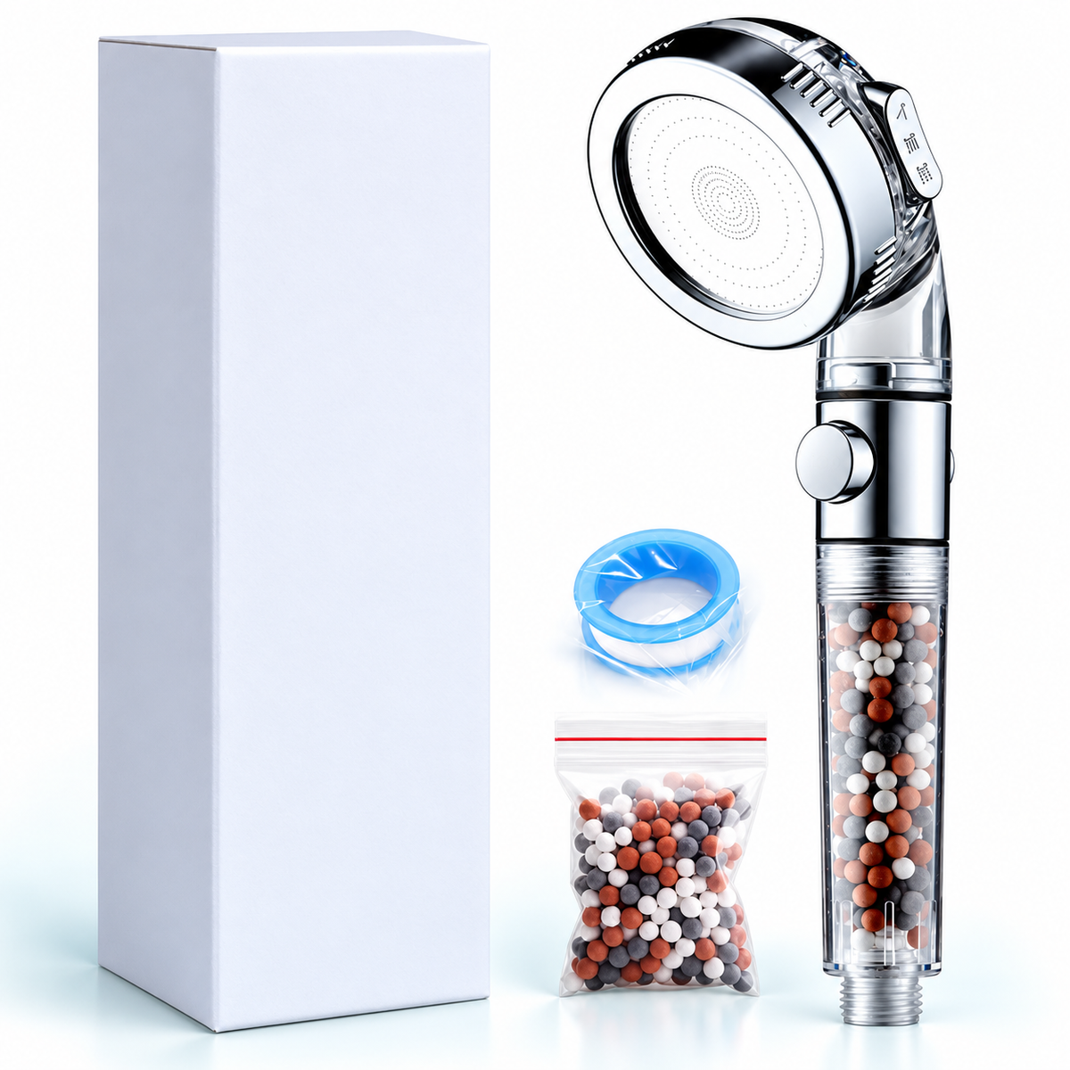 3-Mode Bead Filter Handheld Shower Head with Stop Button - Clear - Refill bag + tape + box