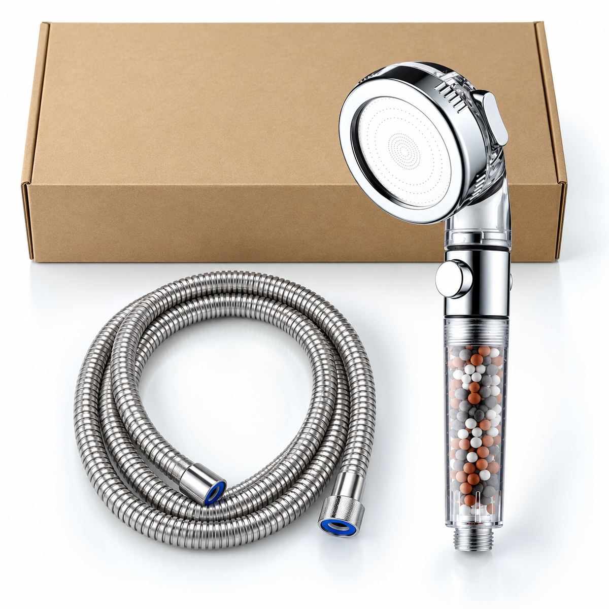 3-Mode Bead Filter Handheld Shower Head with Stop Button - Clear - 1.5 m hose + box