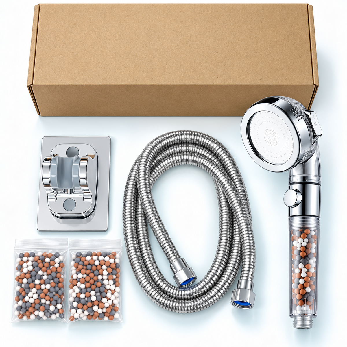3-Mode Bead Filter Handheld Shower Head with Stop Button - Clear - 1.5 m hose + adhesive holder + 2 refills + box