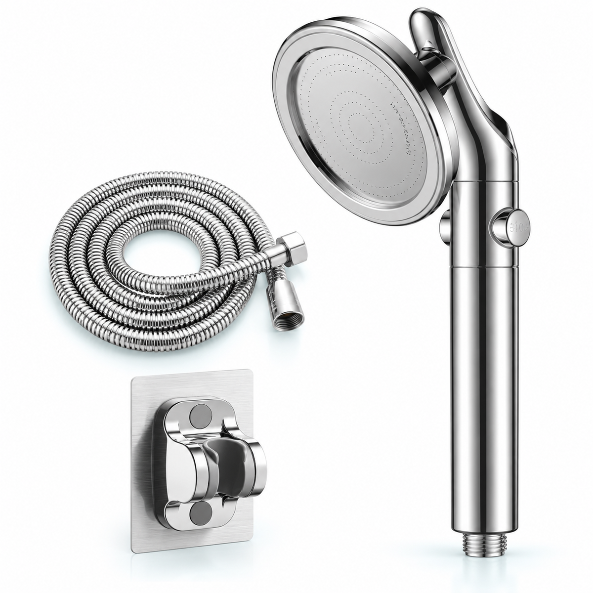 Chrome Silver swivel filtered handheld shower head, Head + 1.5 m Hose + Holder