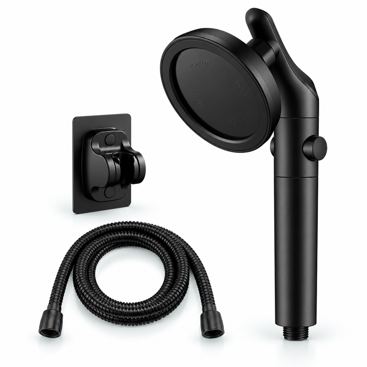 Black swivel filtered handheld shower head, Head + 1.5 m Hose + Holder
