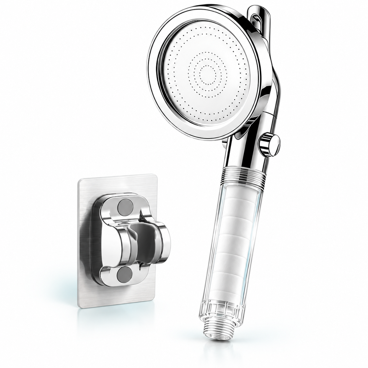 Chrome Silver clear-handle swivel filtered handheld shower head, Head + Holder