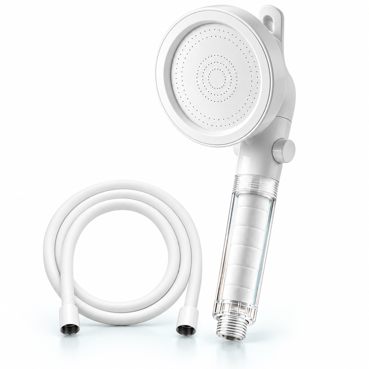 White clear-handle swivel filtered handheld shower head, Head + 1.5 m Hose