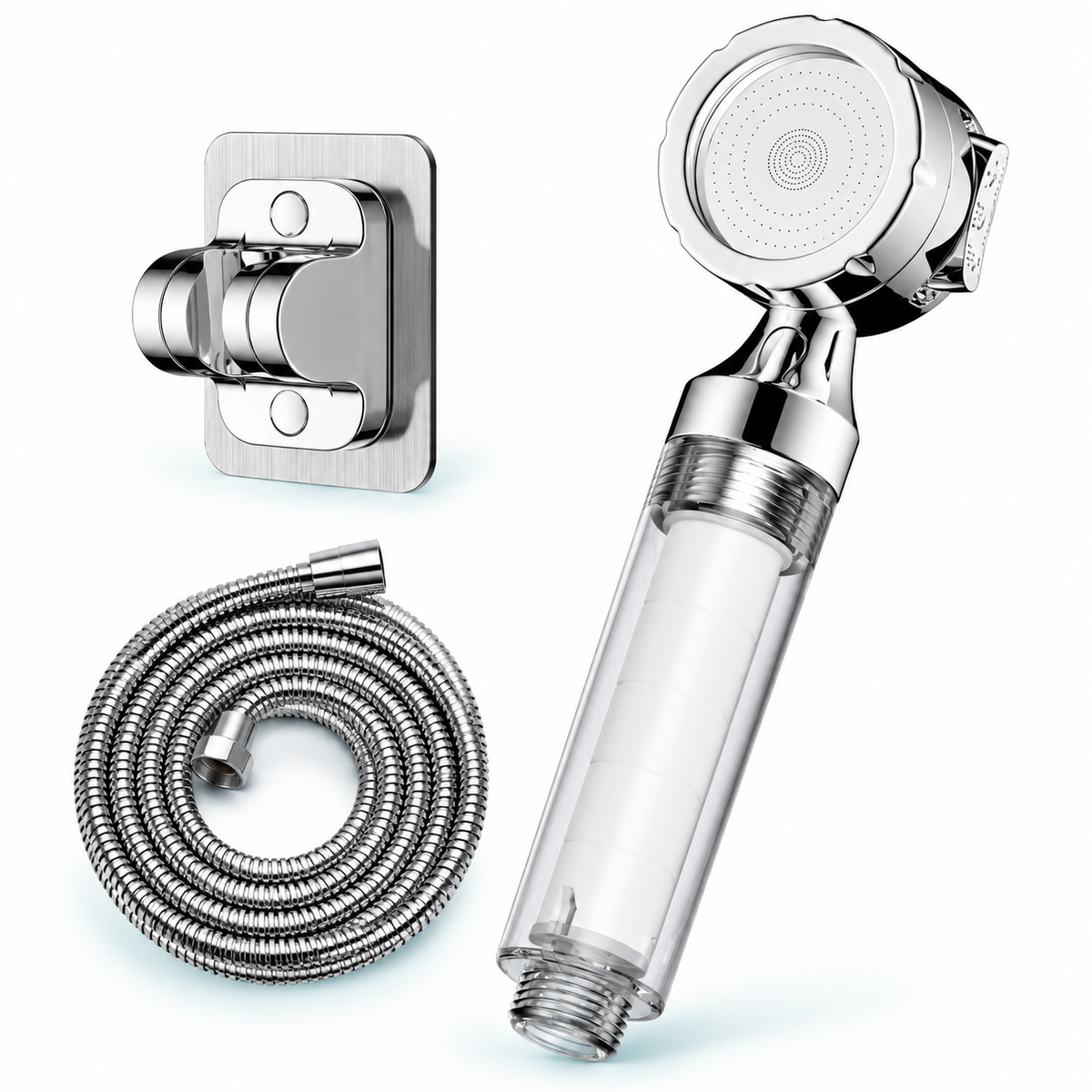 Chrome Silver three-mode filtered travel shower head, Head + 1.5 m Hose + Holder