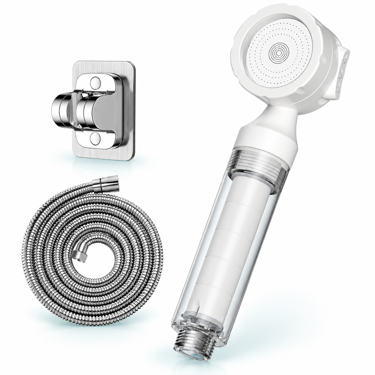 Cream White three-mode filtered travel shower head, Head + 1.5 m Hose + Holder
