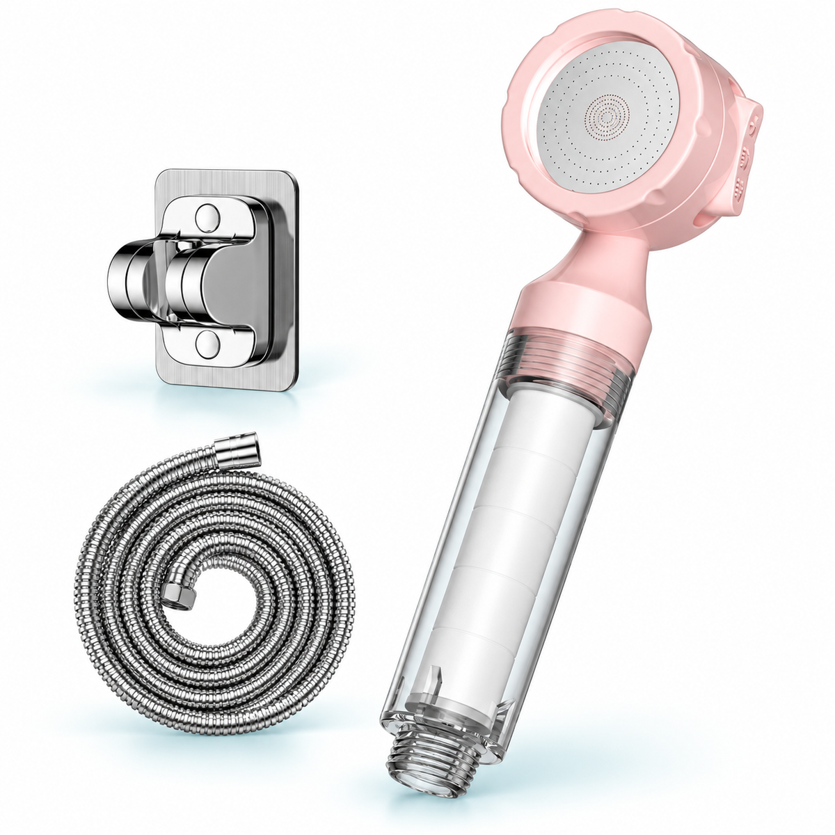Sakura Pink three-mode filtered travel shower head, Head + 1.5 m Hose + Holder