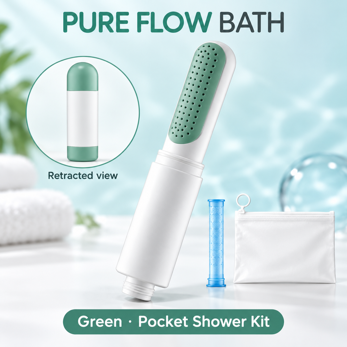 Pure Flow Bath Green · Pocket Shower Kit