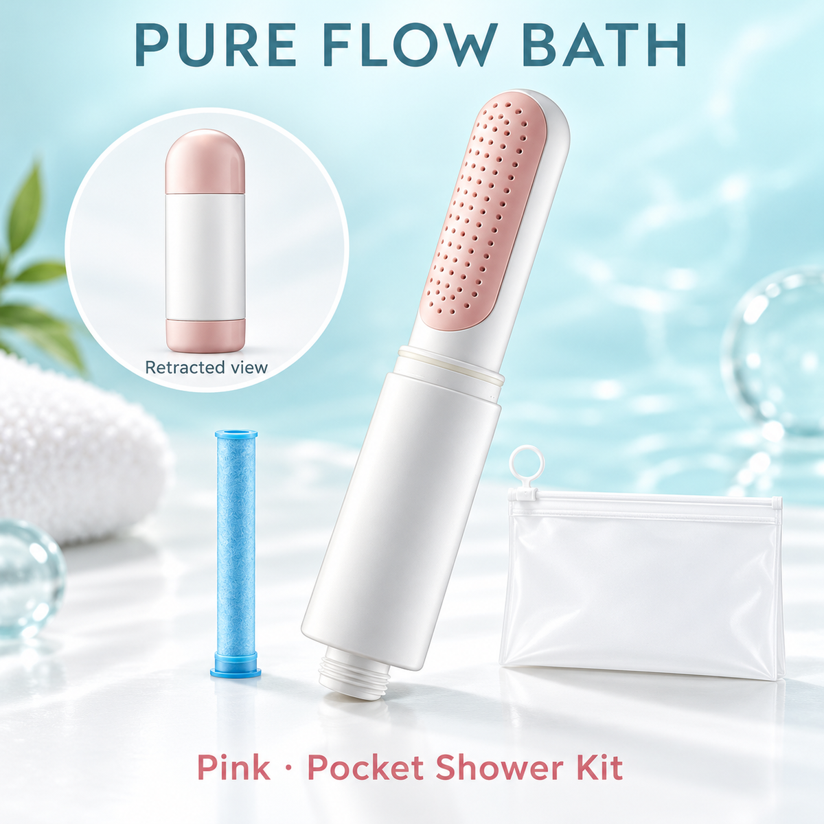 Pure Flow Bath Pink · Pocket Shower Kit