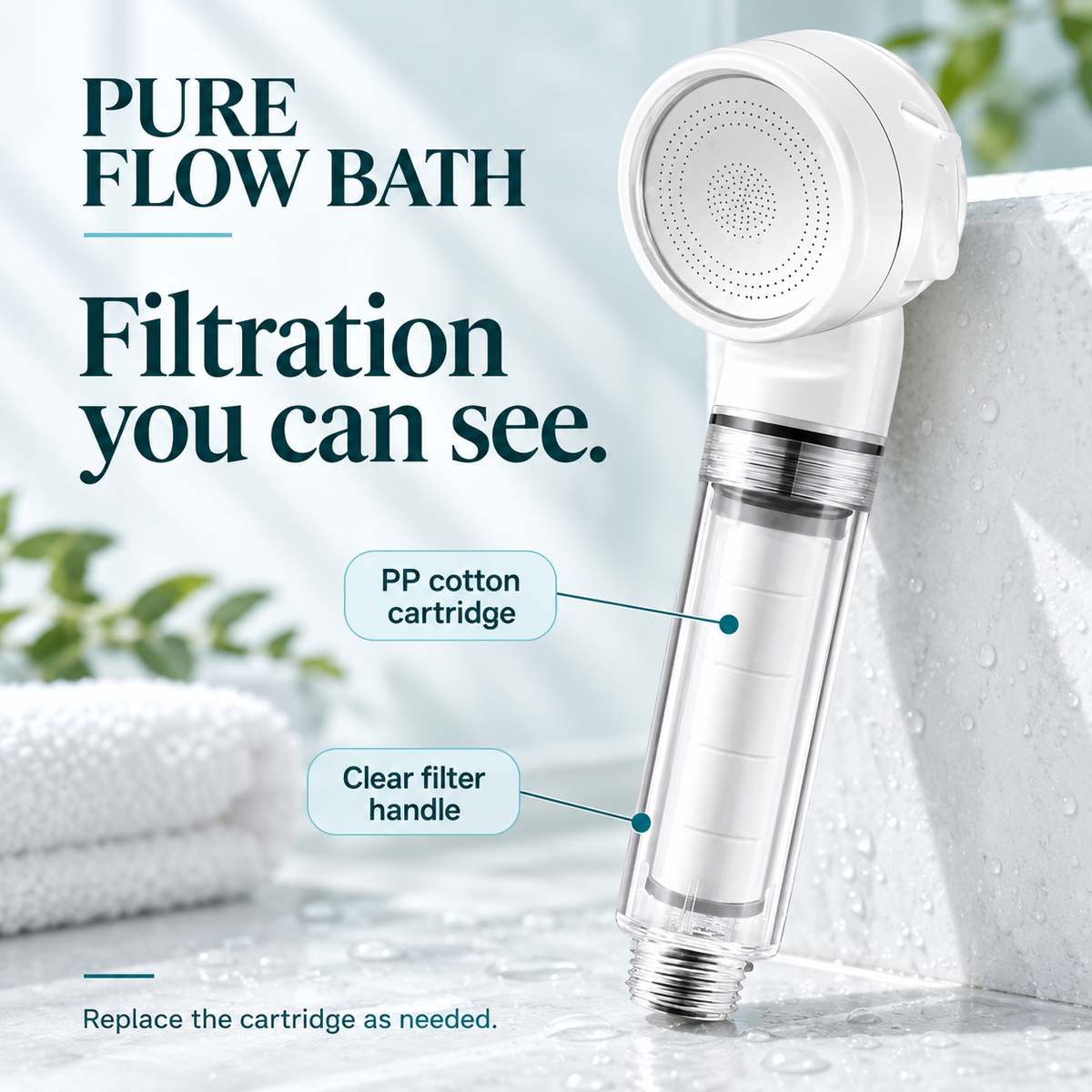 Pure Flow Bath white travel filter showerhead — filter view