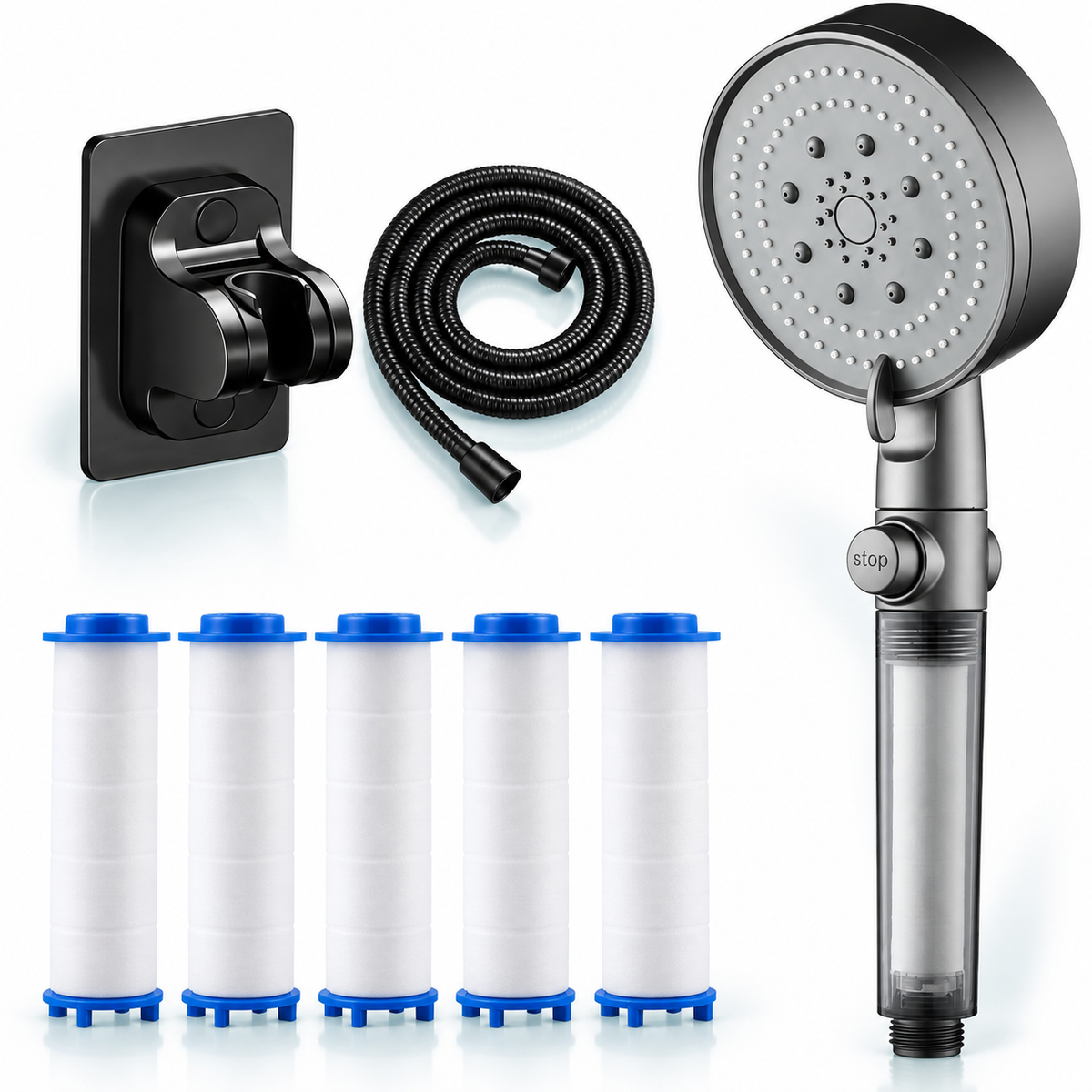 five-mode filtered showerhead - Gray / 1.5 m hose + holder + 5 refills