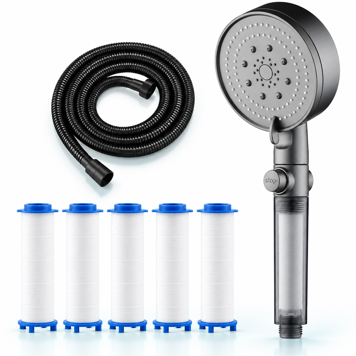 five-mode filtered showerhead - Gray / 2 m hose + 5 refills